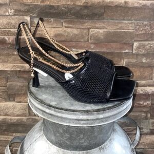 Nanette Lepore New Winsky Black Mesh and Gold Chain Heeled Mules Size 9
